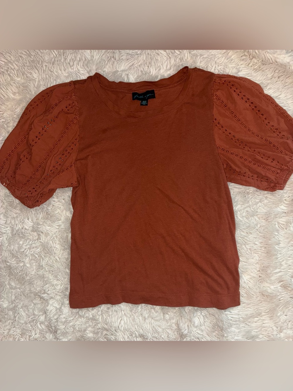 Burnt Orange Eyelet Puff Sleeve Tee - Women's Top